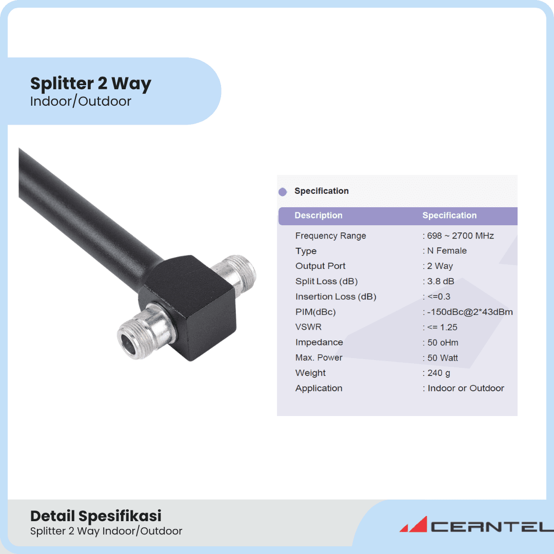 Splitter 2 Way 800-2500 Mhz | Power splitter 2 way penguat signal | Splitter 2 way outdoor indoor | Power Divider 2 Way - Image 2